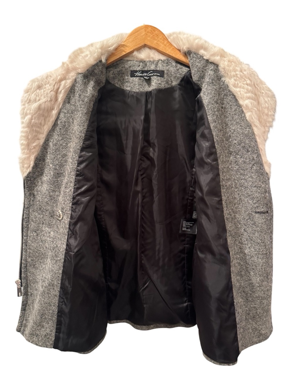 Kenneth Cole New York Grey Wool-Blend Moto Coat with Faux Fur Collar - Size M - Picture 3 of 7
